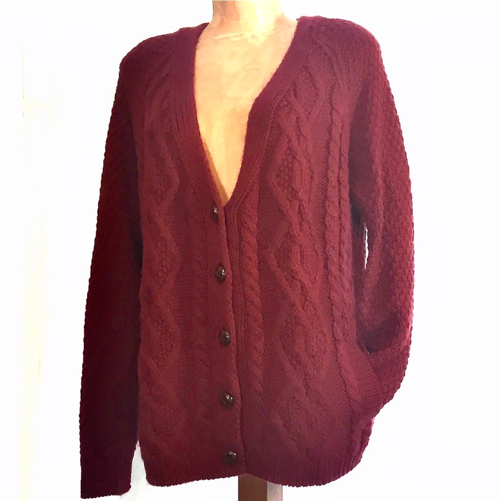 BDG Cable Knit Burgundy Oversized Button Sweater-M